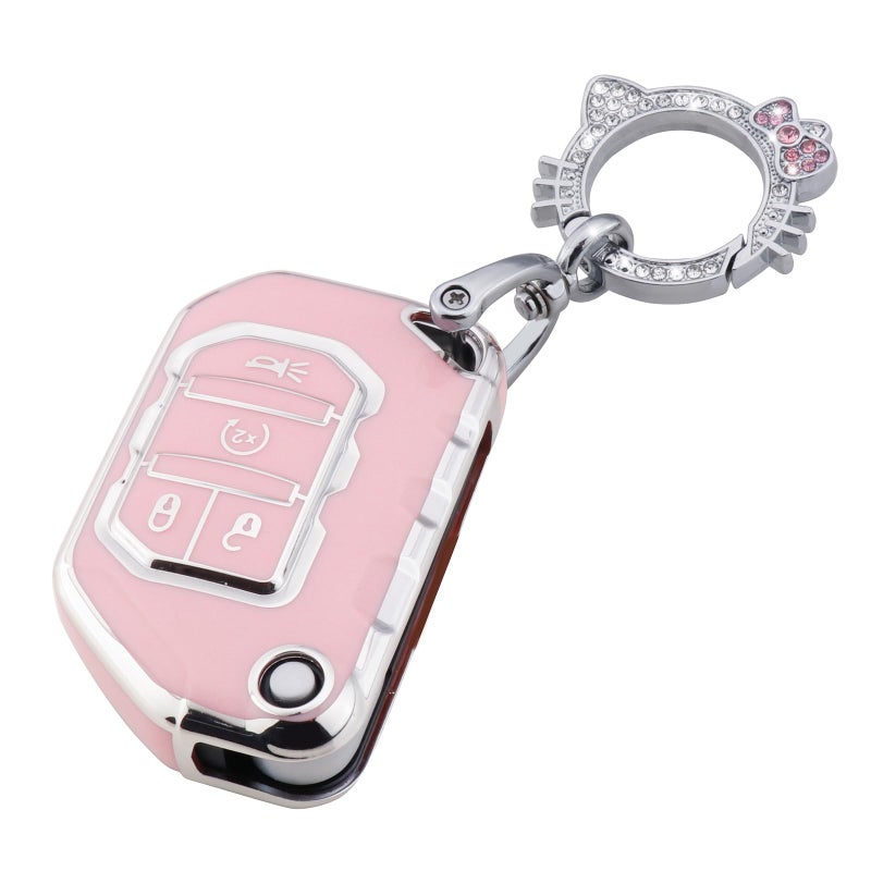 Pangpai Pink Key Fob Cover for Jeep, Soft TPU Key Case Protection with Bling Keychain Fit for 2018-2022 Jeep Gladiator Wrangler Sahara Rubicon - Image 1